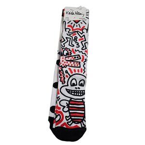 Keith Haring Pop Art Crew Sock  Graffiti Bee Dots Black Red . 10-13 . 2 Pairs